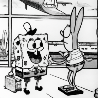 SpongeBob SquarePants talking to a mouse in an airport, 1960s Cartoon
